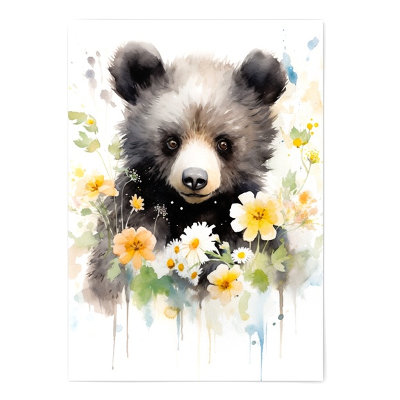 Watercolor Floral Black Bear Portrait Wall Art Illustration Print Unframed - Picture 2 of 5
